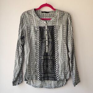 prAna Long Sleeve Henley Shirt | Women's Med | Black Gray White Tribal Bohemian